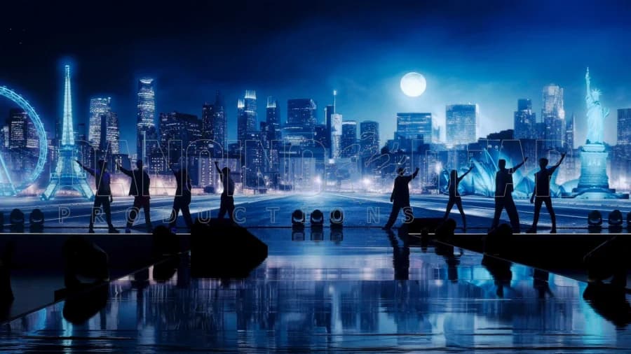 Eight people standing on a stage infront of a Skyline-Background